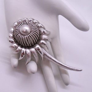 Vintage Textured Silver Tone Detailed Stylized Flower Pin Brooch Floral Designer Signed Coro