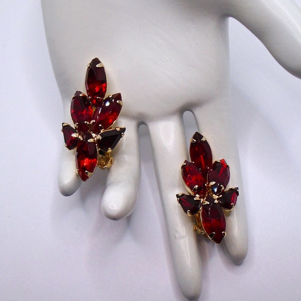Vintage Gold Tone Prong Set Dark Red Marquis and Pear Rhinestones Clip Earrings