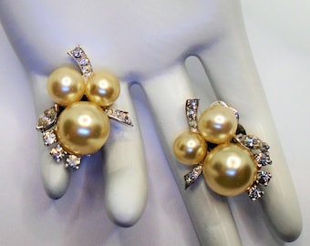 Vintage Polished Silver Tone with Faux Pearls and Clear Rhinestones Clip Earrings Designer Signed Jomaz