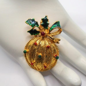 Vintage Gold Tone Red and Green Enamel Christmas Ornament With Holly and Ribbon Holiday Pin Brooch