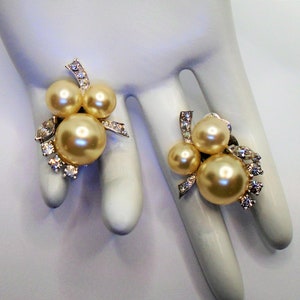Vintage Polished Silver Tone with Faux Pearls and Clear Rhinestones Clip Earrings Designer Signed Jomaz