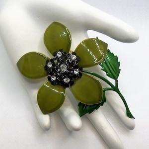 Vintage Enamel Flower Brooch: Olive Green Floral Pin with Rhinestones