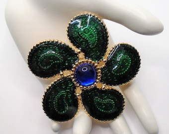 Vintage Gold Tone Green Enamel Paisley Petals with Blue Cabochon Center Large Flower Pin Brooch