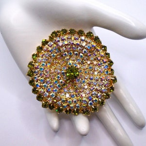 Vintage Gold Tone Prong Set Aurora Borealis and Olive Green Rhinestones Layered Ruffle Pin Brooch