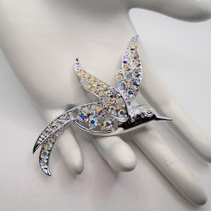 Vintage Polished Silver Tone Aurora Borealis Rhinestones Bird in Flight Pin Brooch Designer Signed Sarah Coventry 1965 &quot;Bird of Paradise&quot;