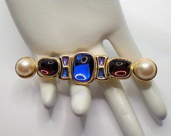Vintage Gold Tone Blue and Purple Cabochons & Blue and Purple Enamel with Faux Pearls Bar Pin Brooch Designer Signed Trifari