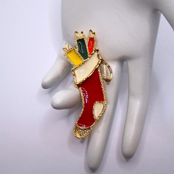 Vintage Textured Gold Tone and Red, Cream, Green, Yellow and Orange Enamel Christmas Stocking Holiday Pin Brooch Designer Signed LG Lind Gal