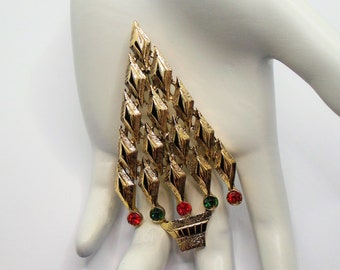 Vintage Polished Gold Tone Stylized Christmas Tree with Red and Green Rhinestones Holiday Pin Brooch Designer Signed Tancer II