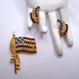 Vintage Rafaelian American Flag Rhinestone Brooch and Clip Earrings Set