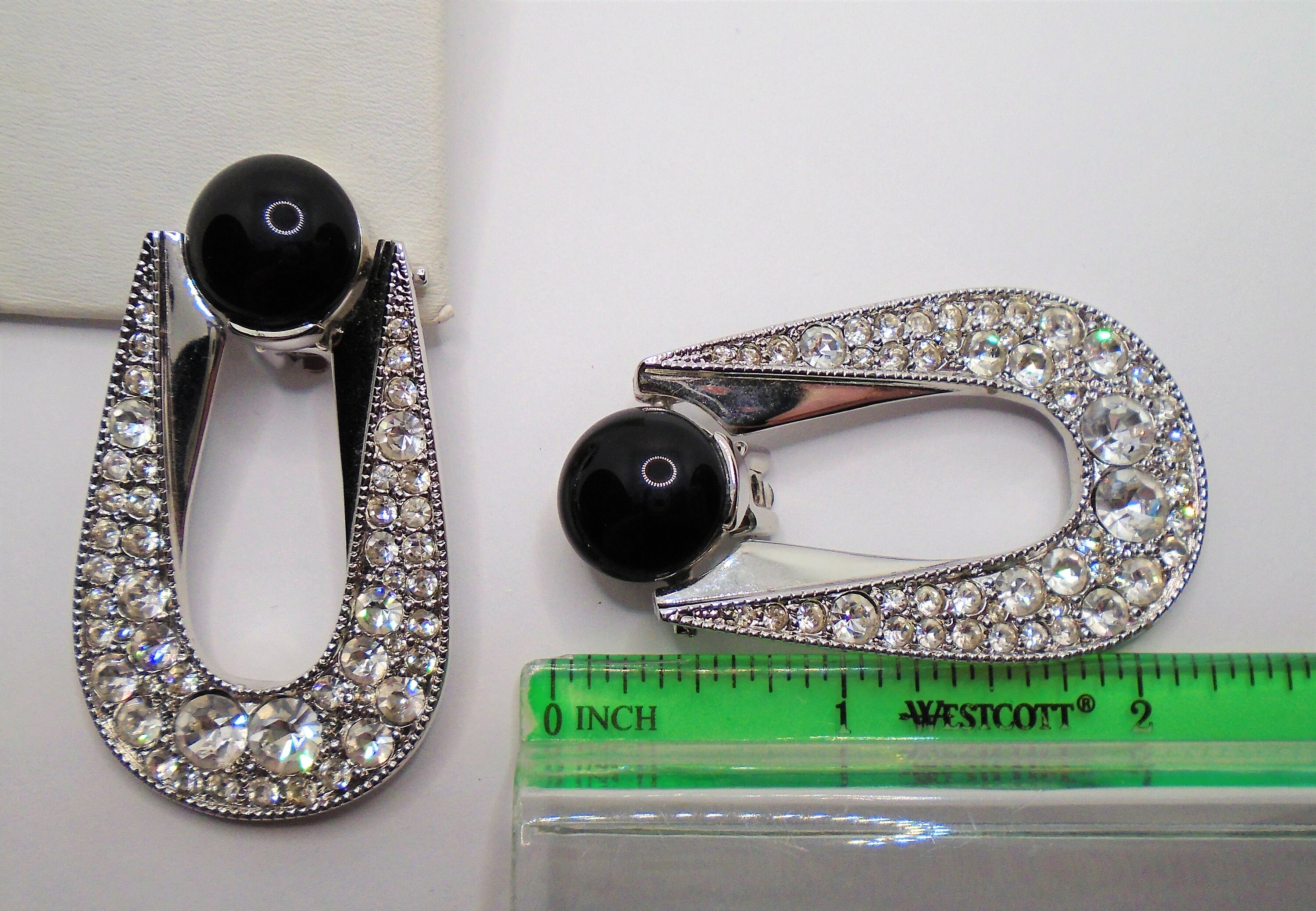 Vintage Silver Tone Clear Rhinestones and Black Cabochon