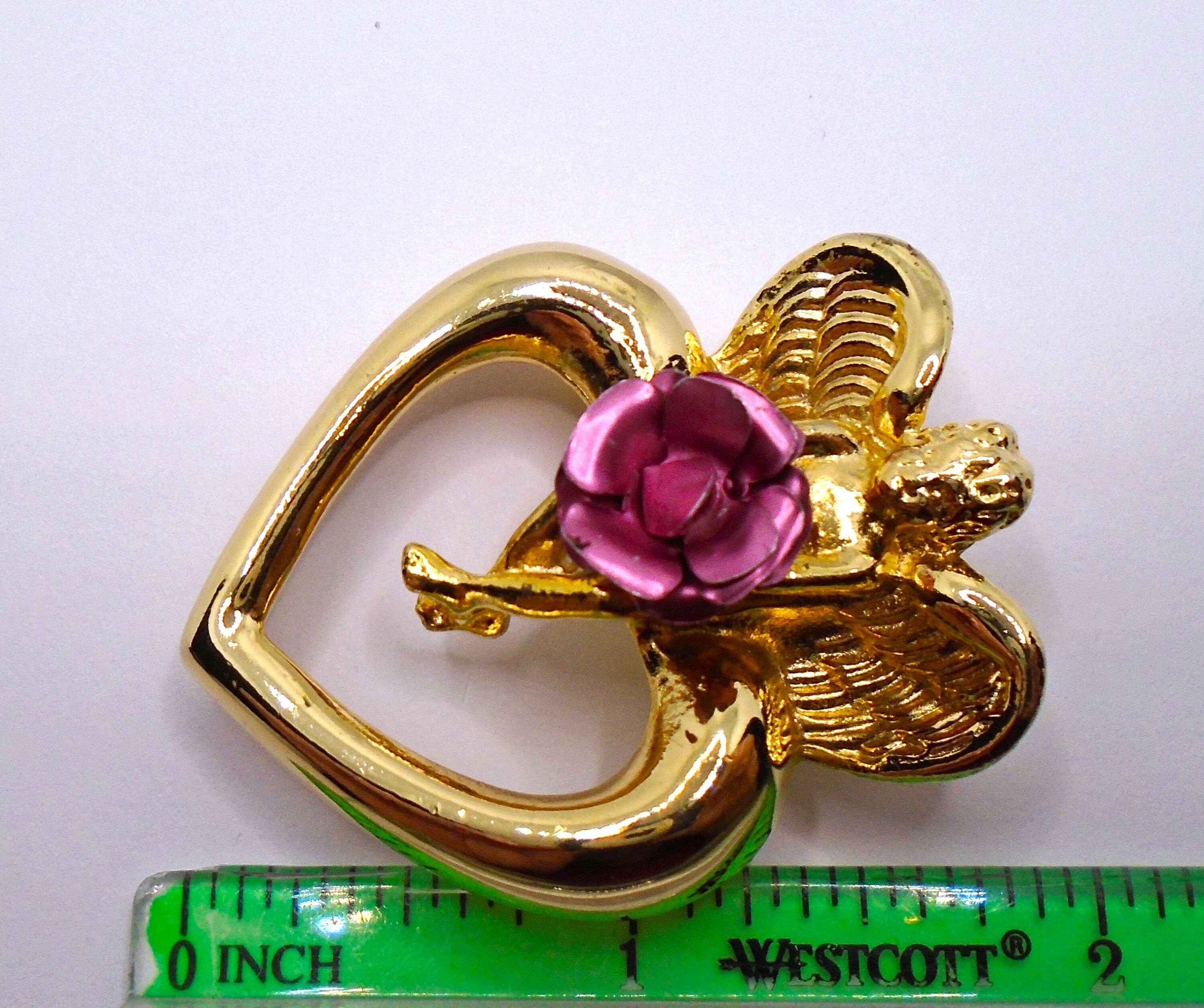 Vintage Bolique Brooch: Gold Tone Heart, Cherub, Pink Flower  display picture 1