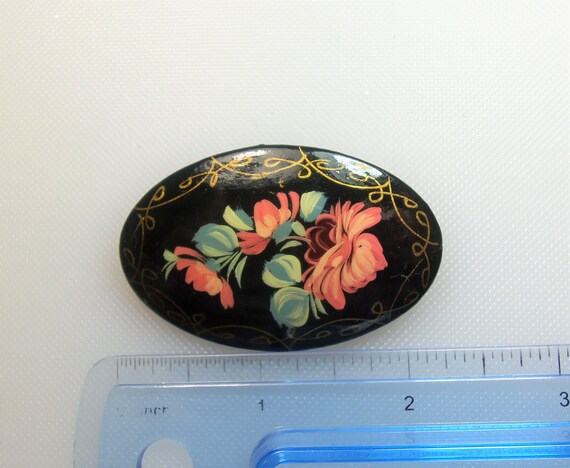 Russian Folk Art Hand Painted Floral Black Lacque… - image 3