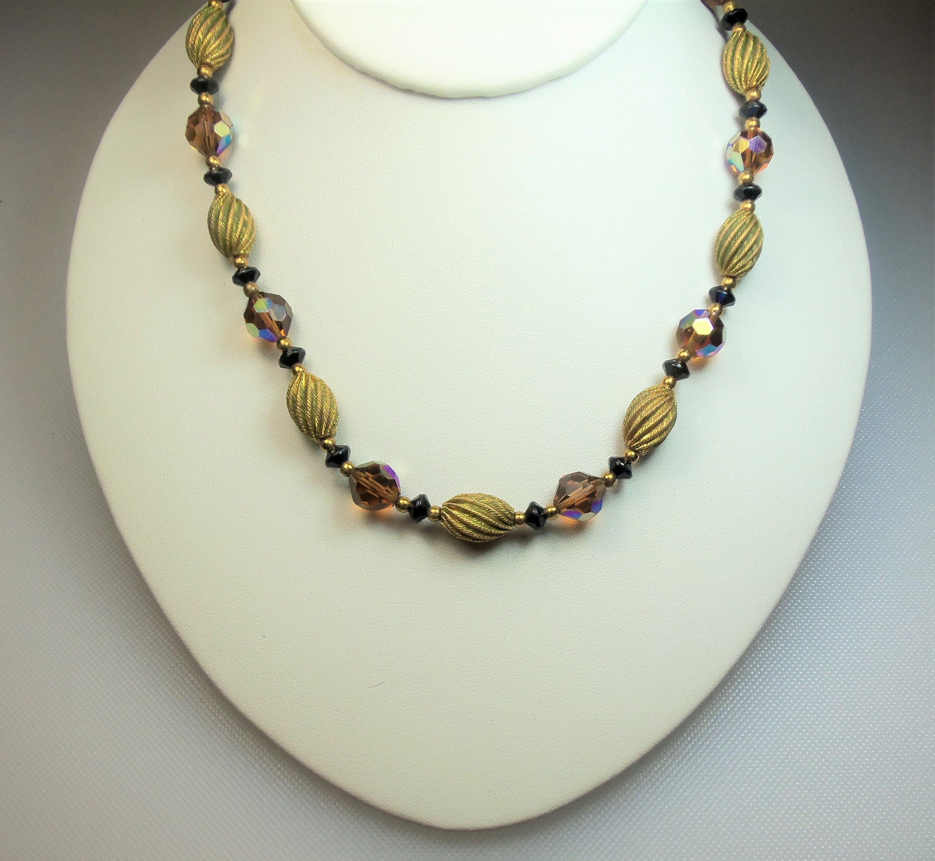 Collier Vintage Lisner Années 70 - 3 Rangs Perles Et Strass Aurora Borealis Métal Doré - Occasion