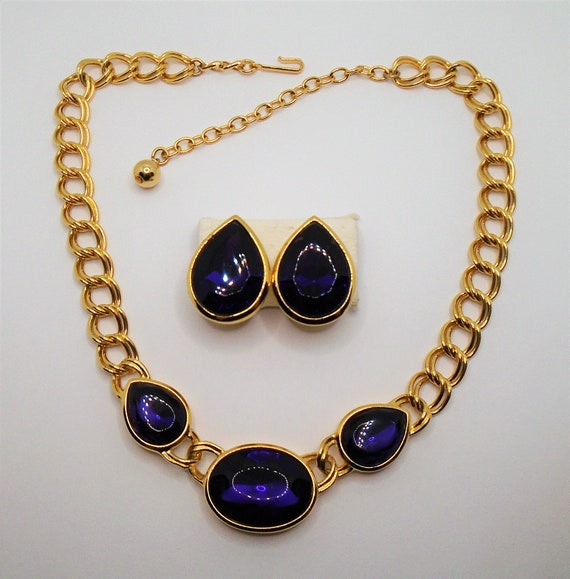 Vintage Polished Gold Tone Chunky Purple Faceted … - image 3