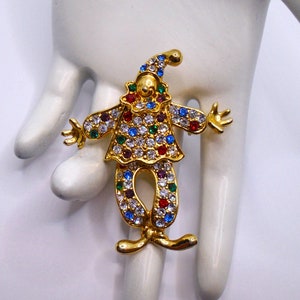 Broche Clown Dansant En Alliage Doré Avec Strass – Vintage Et Paillettes