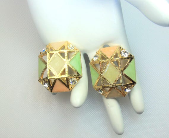 Boucles D'Oreilles Clips Vintage En Émail Pastel Doré - Occasion Très Bon État