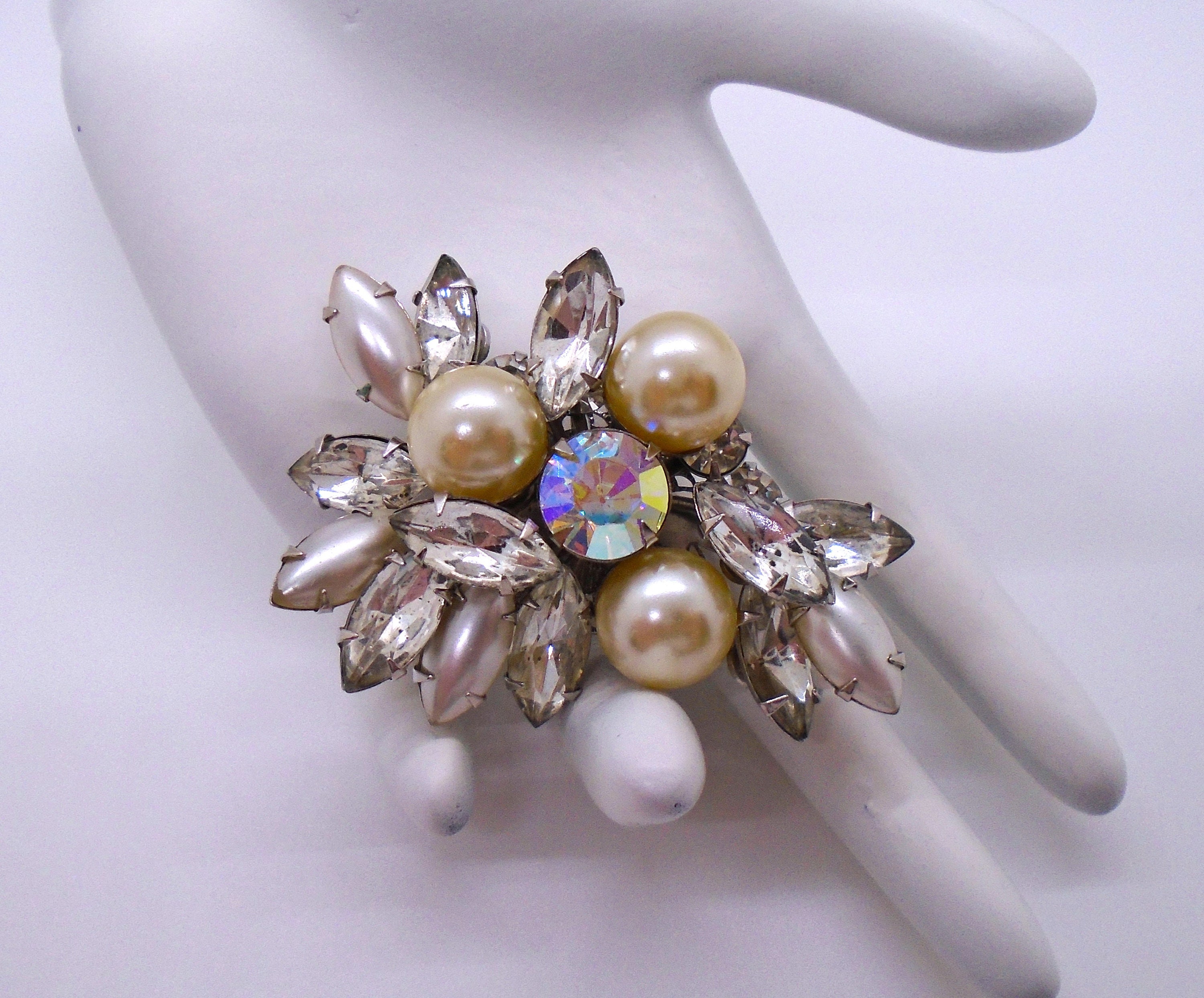 Vintage Silver Tone Prong Set Clear, Faux Pearl Marquis and Vintage Silver Tone Prong Set Clear, Faux Pearl Marquis and