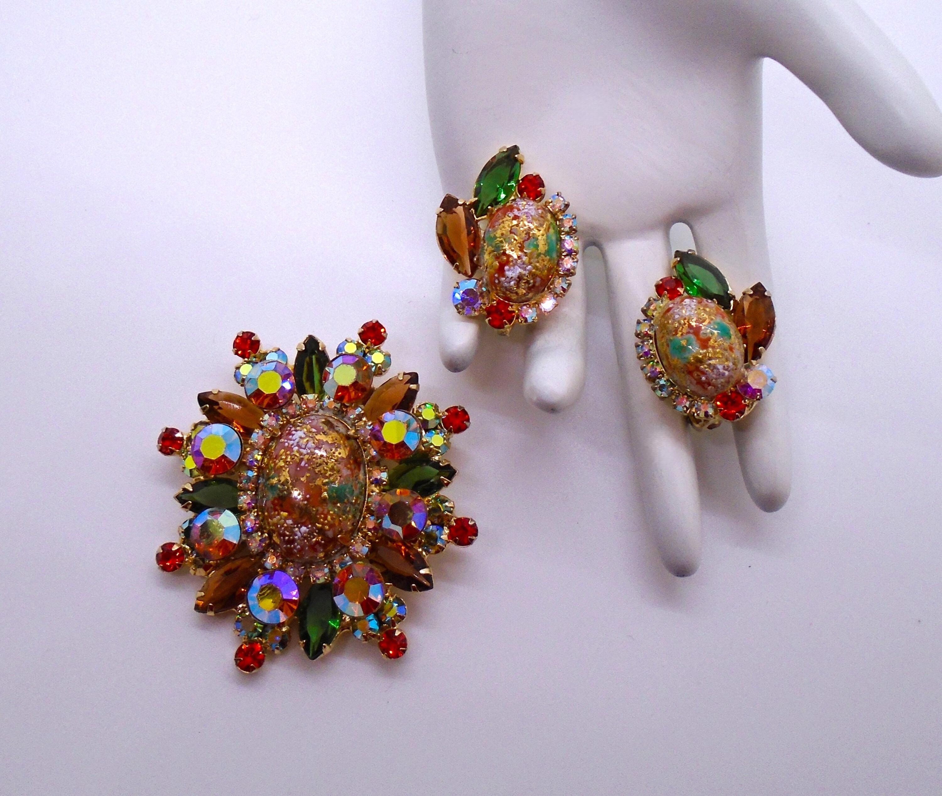 Vintage Juliana Easter Egg Rhinestone Brooch and Clip Earring Set