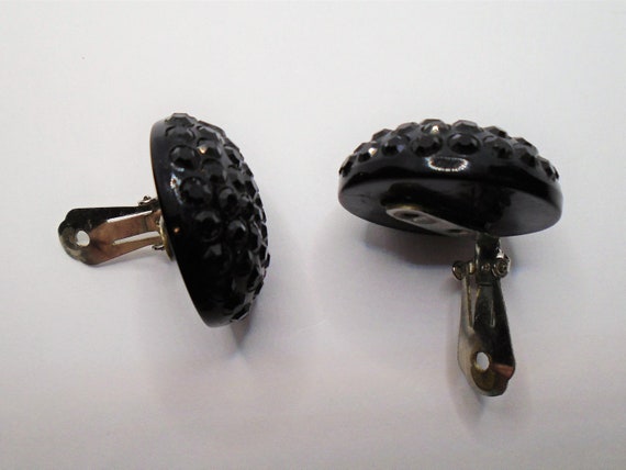 Vintage Black Plastic Domed Round Button Clip Ear… - image 5