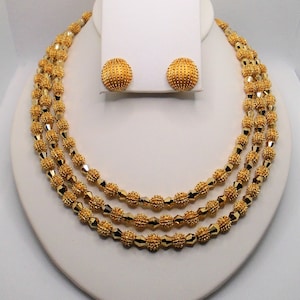 Vintage Textured Gold Tone Beads & Gold Glass Beads Triple Strand Necklace and Earrings Signed Crown Trifari Circa 1962&quot;Electra&quot;