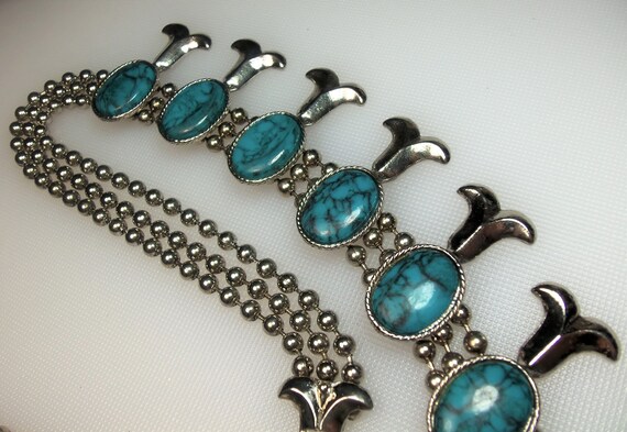 Vintage Polished Silver Tone Faux Turquoise Squas… - image 4