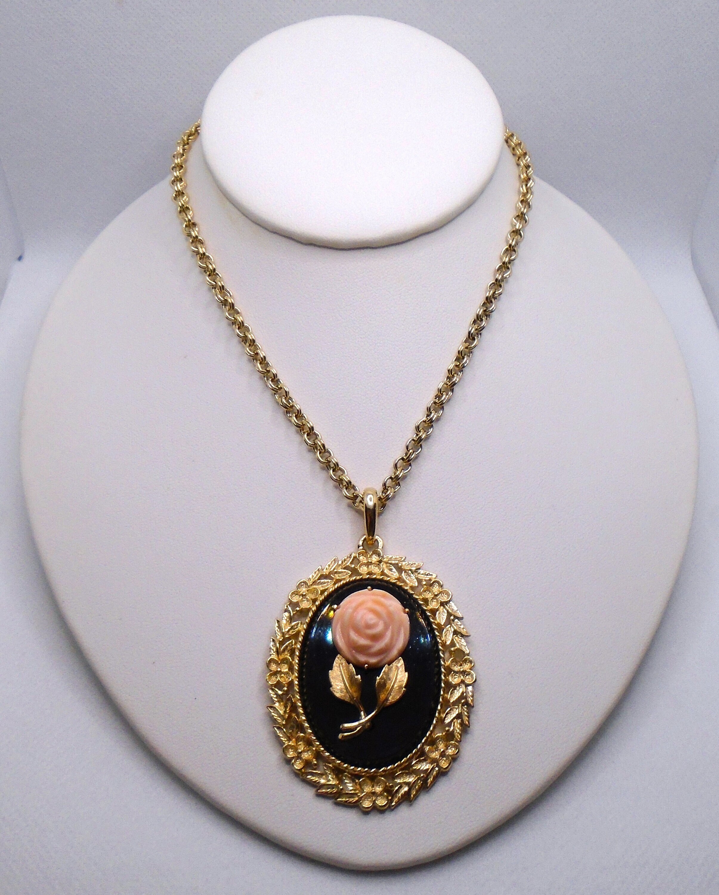 Vintage Avon Necklace: Gold Tone Faux Coral Rose Pendant, 1973