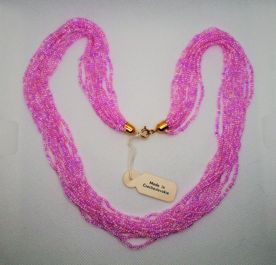 VIntage Gold Tone Multi Strand Candy Pink Glass S… - image 2