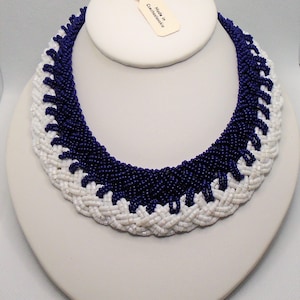 Vintage Gold Tone Blue and White Seed Beads Woven Collar Adjustable Necklace With Original Hang Tag Made In Czechoslovakia