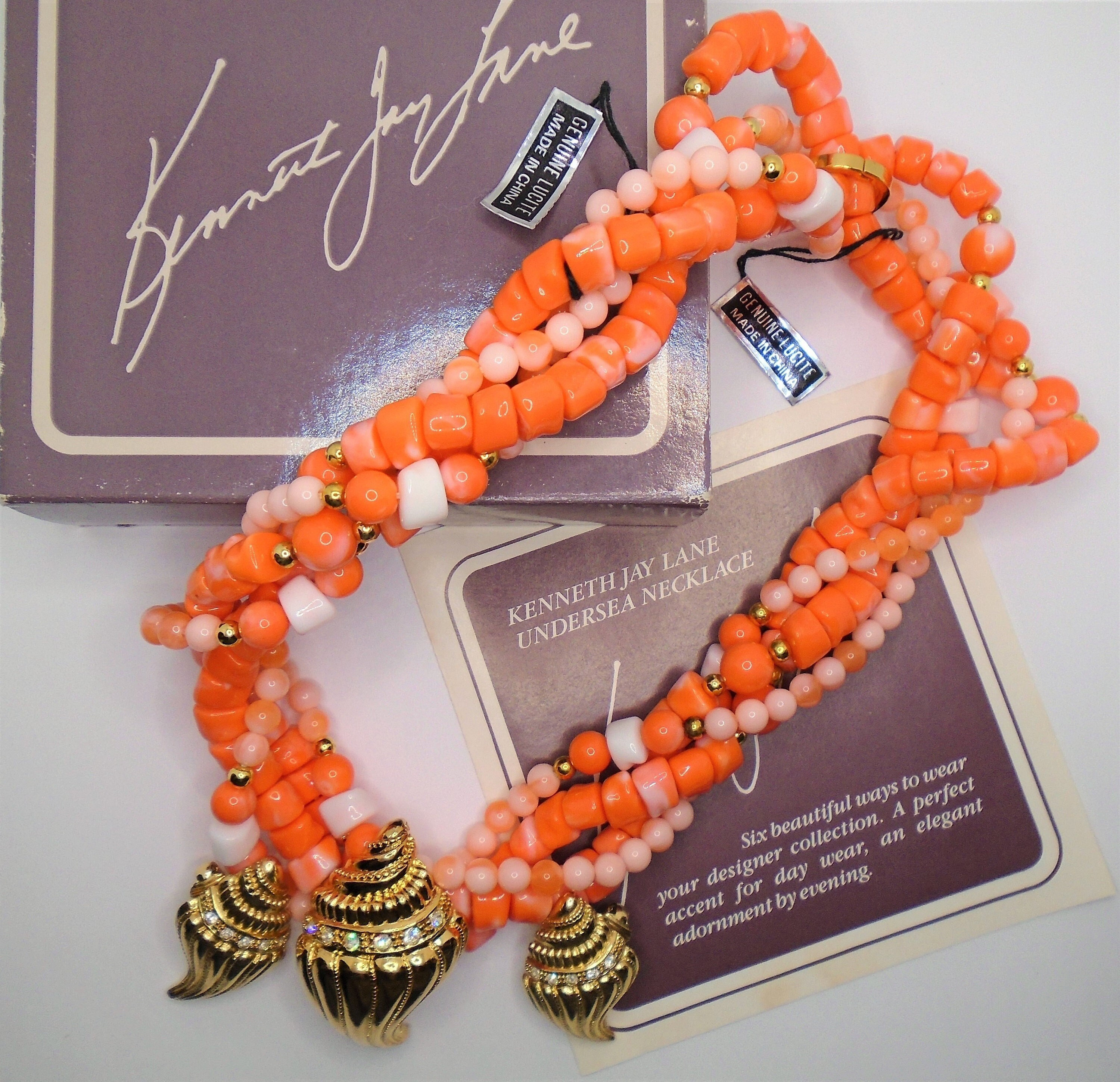 Vintage Kenneth Lane Avon Necklace & Earrings: Gold Shell, Faux