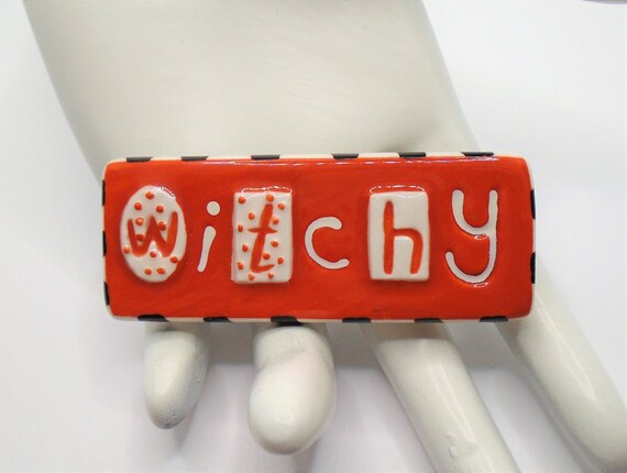 Vintage Orange, White, and Black Ceramic "Witchy" Halloween Pin Brooch