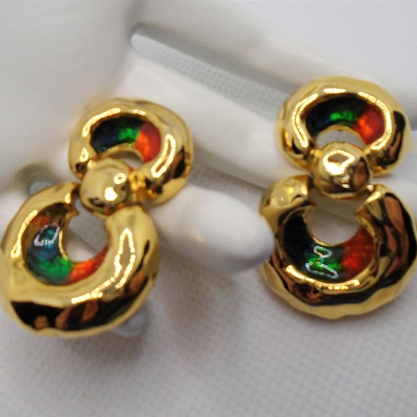 Vintage Polished Hammered Gold Tone with Blue, Green, and Orange/Red Enamel Dangle Post Earrings Designer Signed Galbani Made in USA
