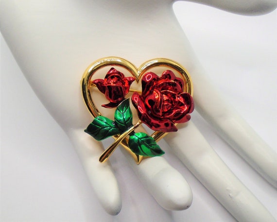 Vintage Polished Gold Tone Heart with Red and Gre… - image 2