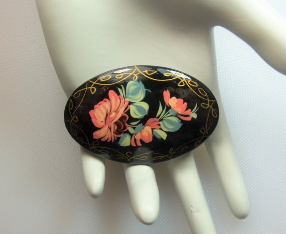 Russian Folk Art Hand Painted Floral Black Lacque… - image 1