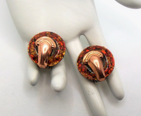 VIntage Copper Tone and Orange Enamel MCM  Clip E… - image 1