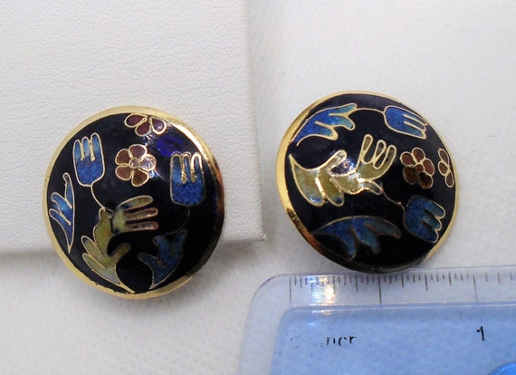 Vintage Gold Tone Black and Cobalt Blue Enamel Fl… - image 4