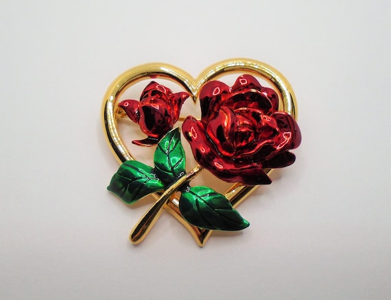 Vintage Polished Gold Tone Heart with Red and Gre… - image 3