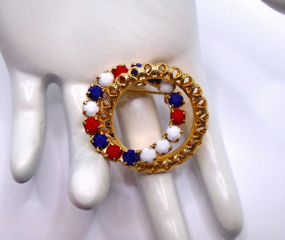 Vintage Prong Set Red, White and Blue Opaque Rhin… - image 1
