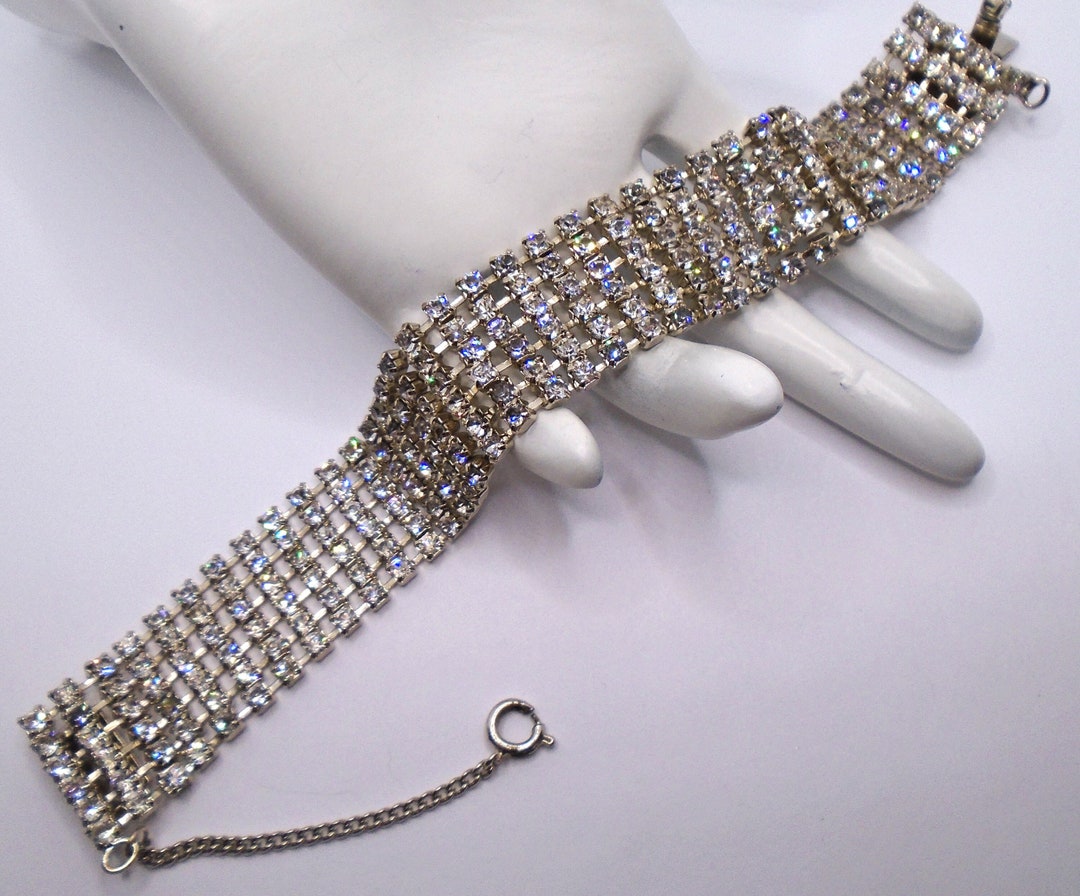 Vintage Silver Tone Prong Set Clear Chatons Rhinestones Wide