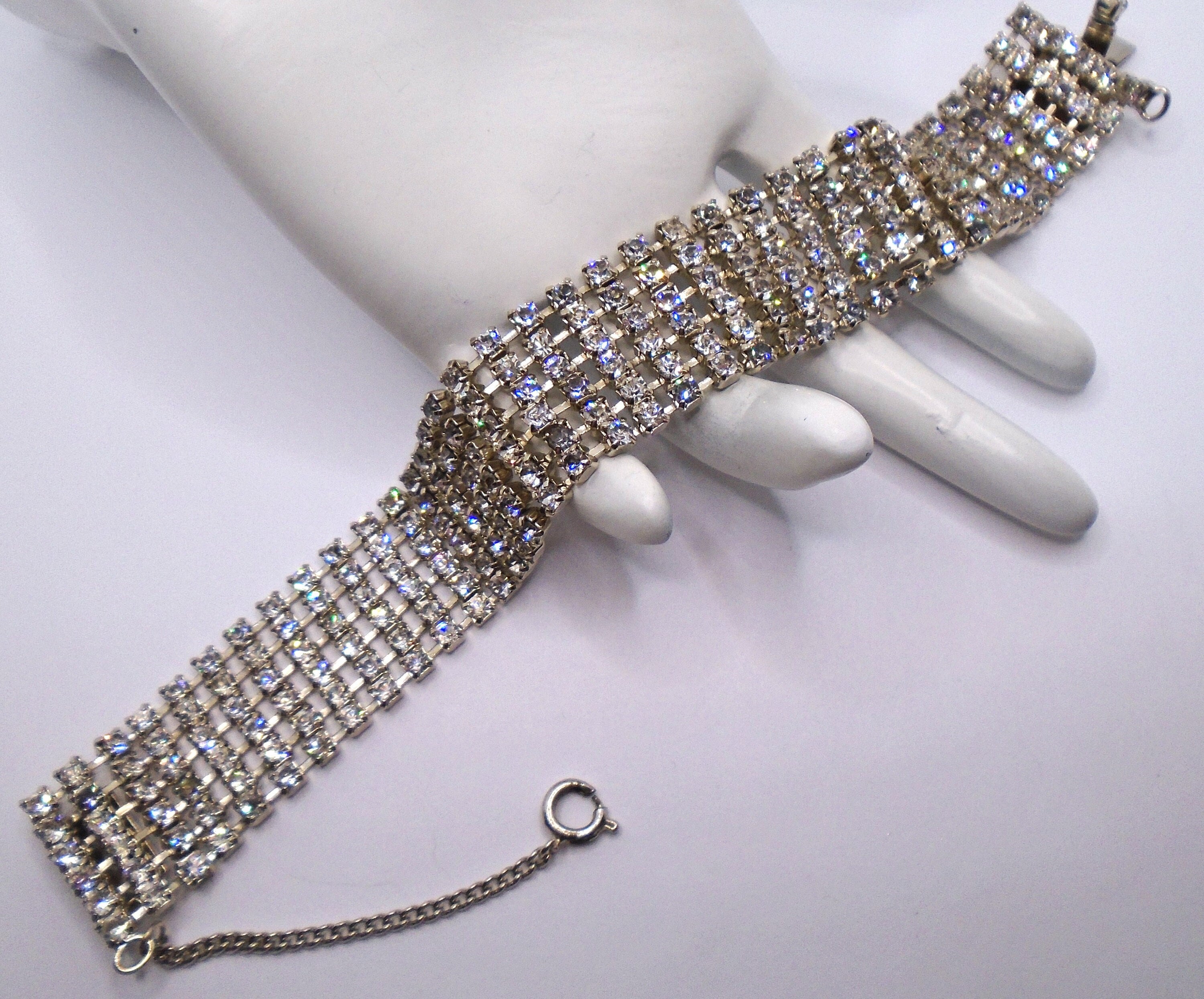Vintage Silver Tone Prong Set Clear Chatons Rhinestones Wide