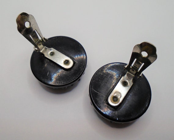 Vintage Black Plastic Domed Round Button Clip Ear… - image 4