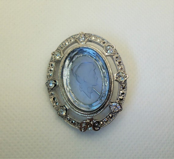 Vintage Silver Tone Oval Blue Intaglio Cameo with… - image 2