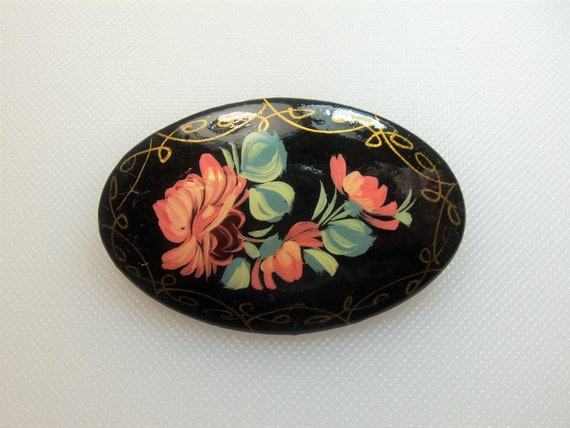 Russian Folk Art Hand Painted Floral Black Lacque… - image 2