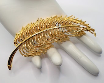 Grande Broche Décorative Plume Doré Et Argenté - Bijou Vintage Occasion