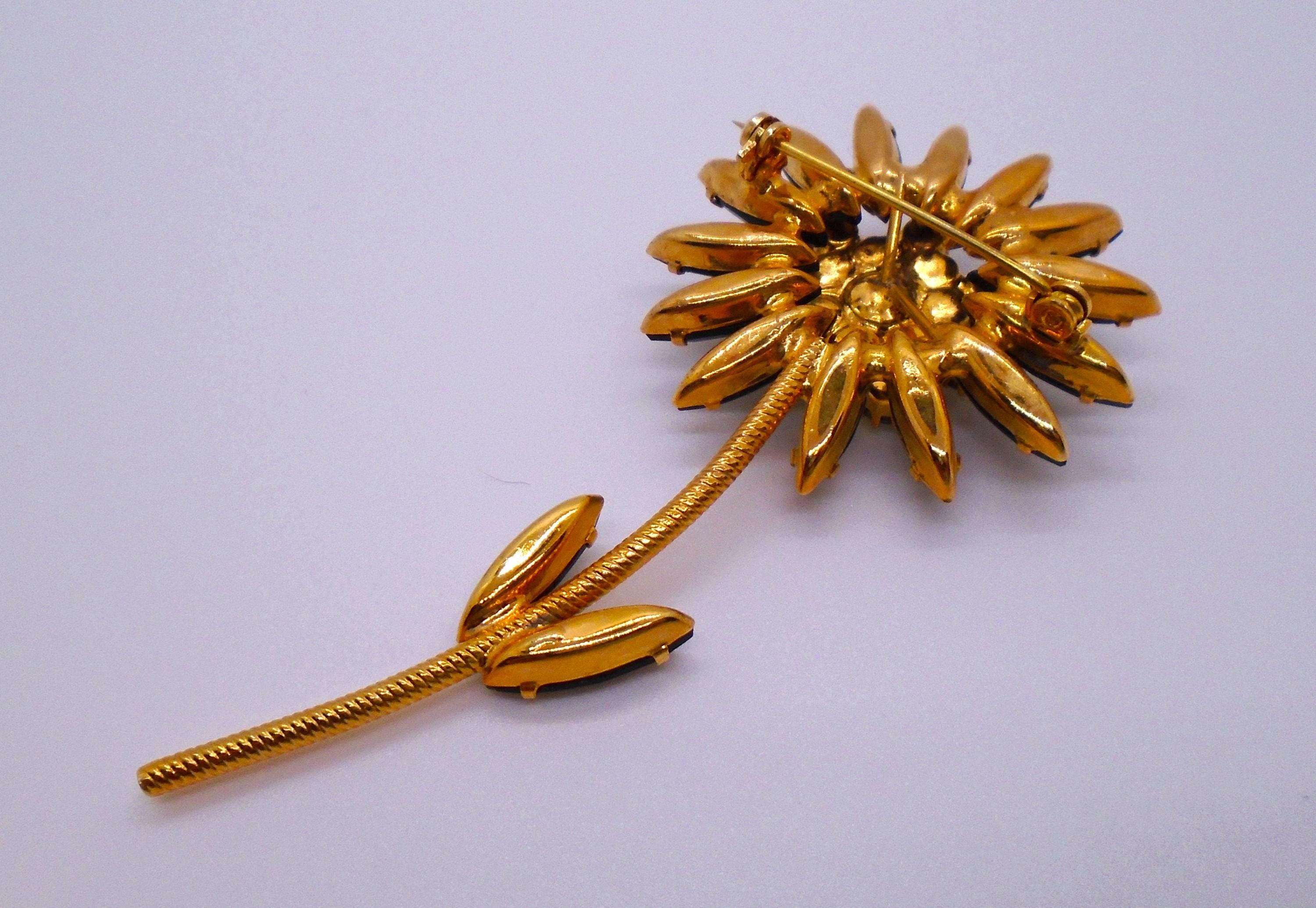 Vintage Gold Tone Flower Brooch: Black Navette & Aurora Borealis