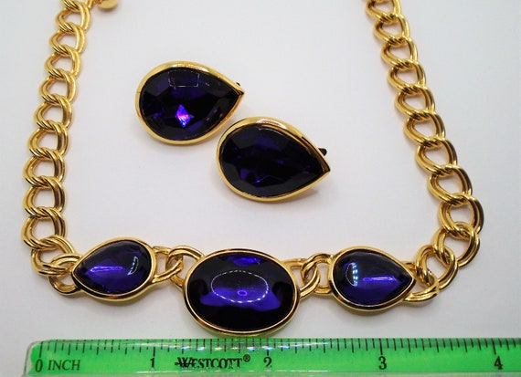 Vintage Polished Gold Tone Chunky Purple Faceted … - image 4