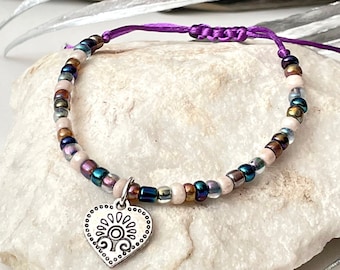 thin beaded bracelet with heart pendant purple DIY