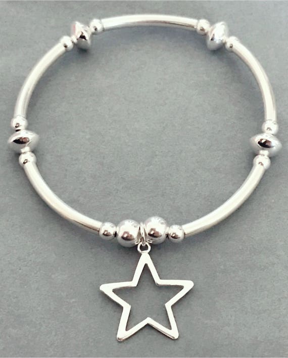 Sterling Silver Large Open Star Charm Noodle Bracelet With XL - Etsy