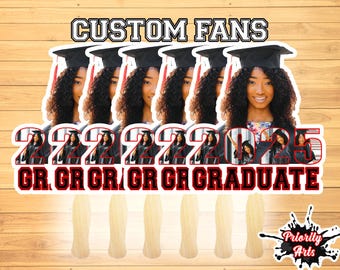 May include: Five white graduation fans with a red and black design. The fans feature the year 2025 and the text "GR GRADUATE". Each fan has a photo of a person wearing a graduation cap and gown.