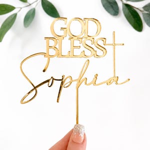 Custom Cake Topper, Baptism Cake Topper, God Bless Cake Topper, Acrylic Cake Charm, Cross Cake Topper, Wood Cake Topper, Cake Décor, Gold