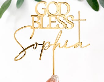 Custom Cake Topper, Baptism Cake Topper, God Bless Cake Topper, Acrylic Cake Charm, Cross Cake Topper, Wood Cake Topper, Cake Décor, Gold